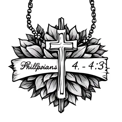 Philippians 4:13 written in cursive with a cross necklace tattoo design idea