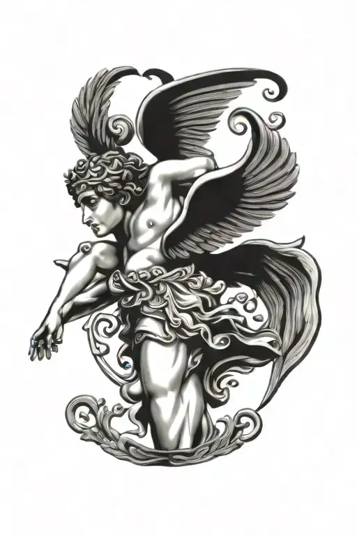 Hermes messenger god, winged crown, greek art, Greek symbolism, greek consolations star background tattoo design idea