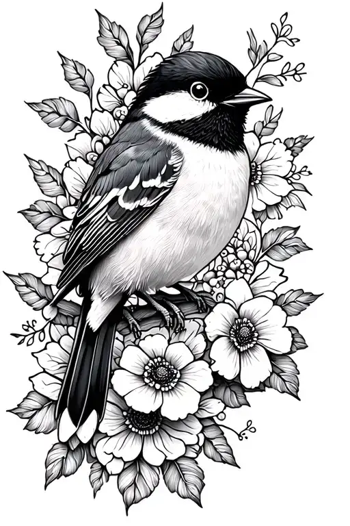 floral lace with chickadee tattoo design idea