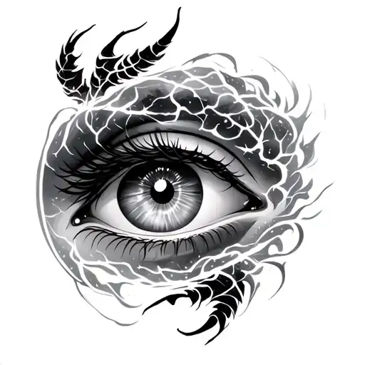 female eye , lightening storm , Scorpio and Gemini zodiac sign tattoo design idea