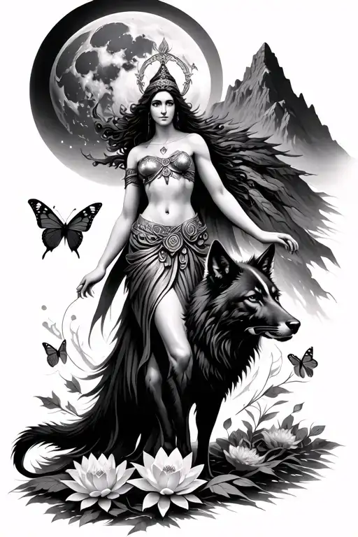 Athena goddess surrounded by poeny and lotus flowers and butterflies with a black wolf in a mountain range with a moon tattoo design idea