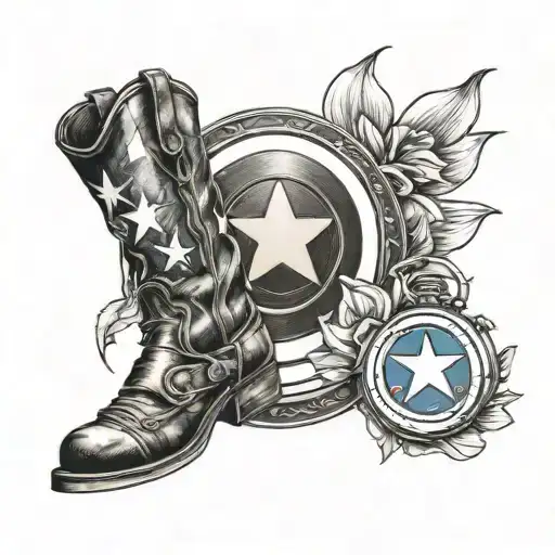 captain america shield with cowgirl boot in front, calla lily and pocketwatch to the side tattoo design idea