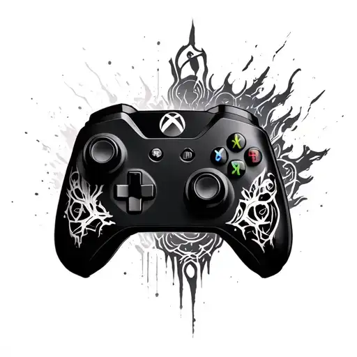 play/xbox controller and representations of famous games such as God of War, Cyberpunk 2077, clair obscur, the last of us etc. tattoo design idea