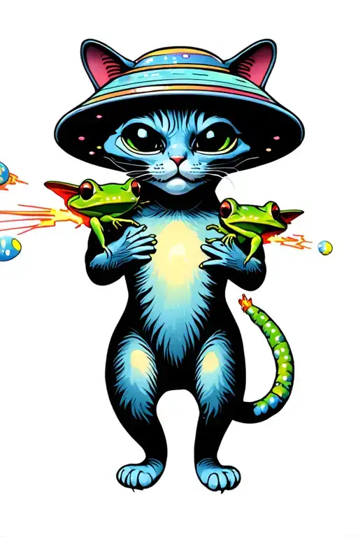 Alien Abducting cat with space frogs shooting at ufo tattoo design idea