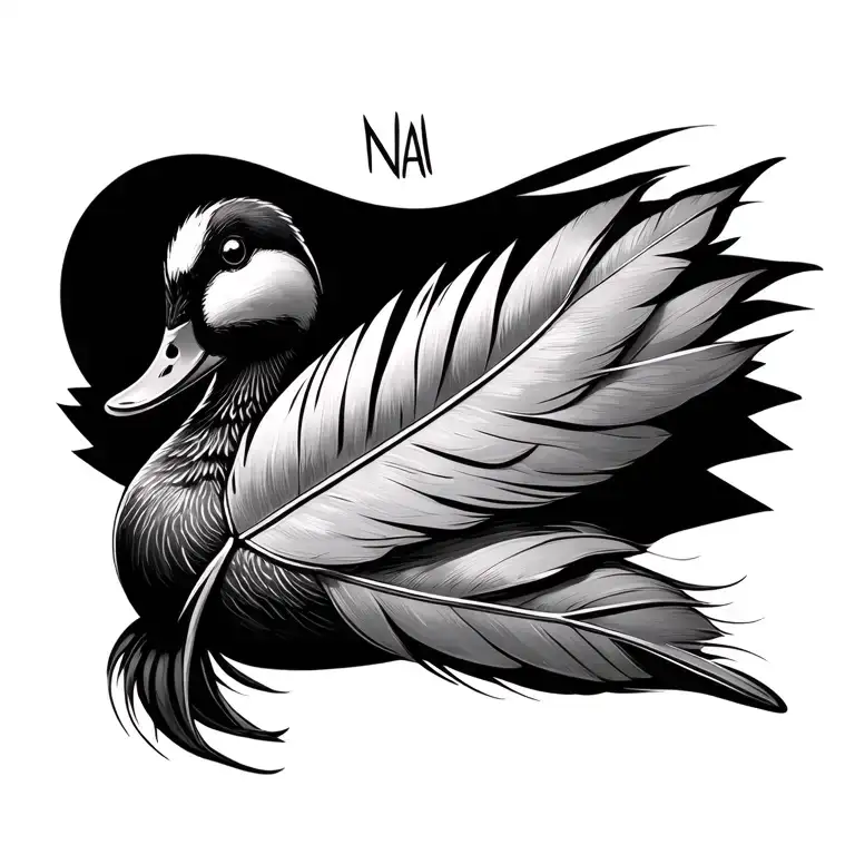 a duck with a large feather. feather to be horizontal. NAN written on the feather. greyscale with shading and depth tattoo design idea