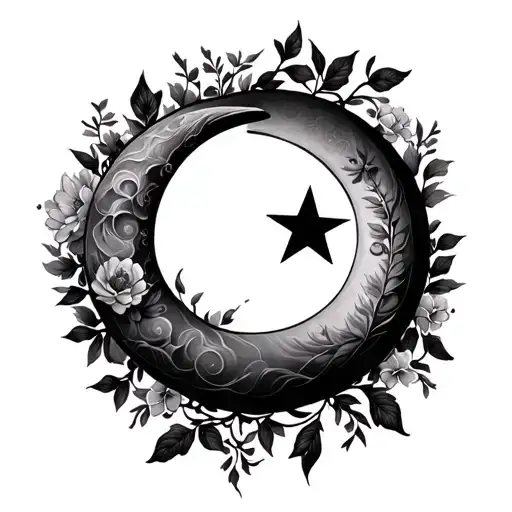 crescent moon with 5 point star, with vines and flowers tattoo design idea
