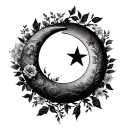 crescent moon with 5 point star, with vines and flowers tattoo design idea