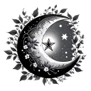 crescent moon with 5 point star, with vines and flowers tattoo design idea