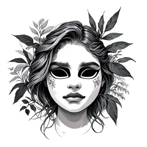 Mask sad and happy, female with plants tattoo design idea