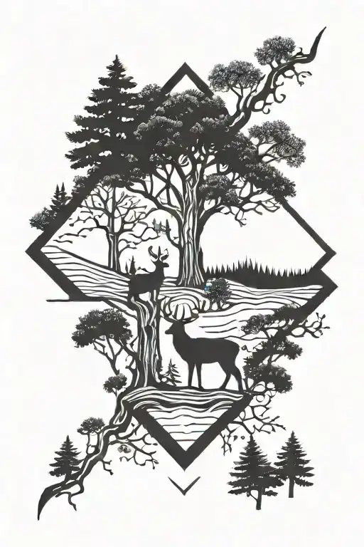 cross with trees and deer tattoo design idea
