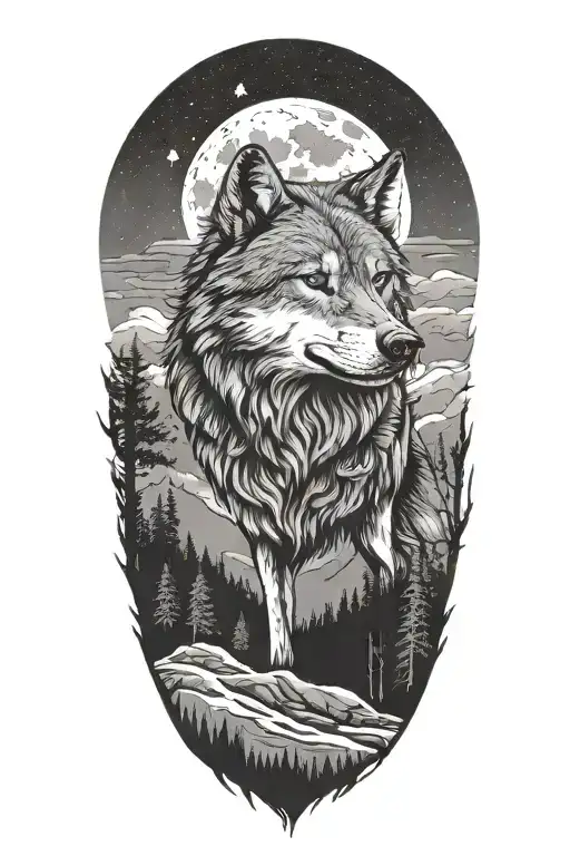 wolf infront of forest and mountains with moon tattoo design idea