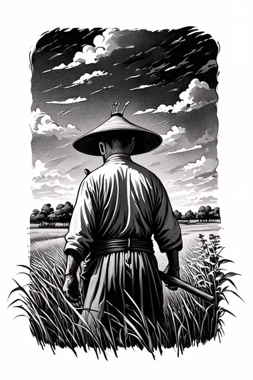 old Chinese farmer in a field facing away tattoo design idea