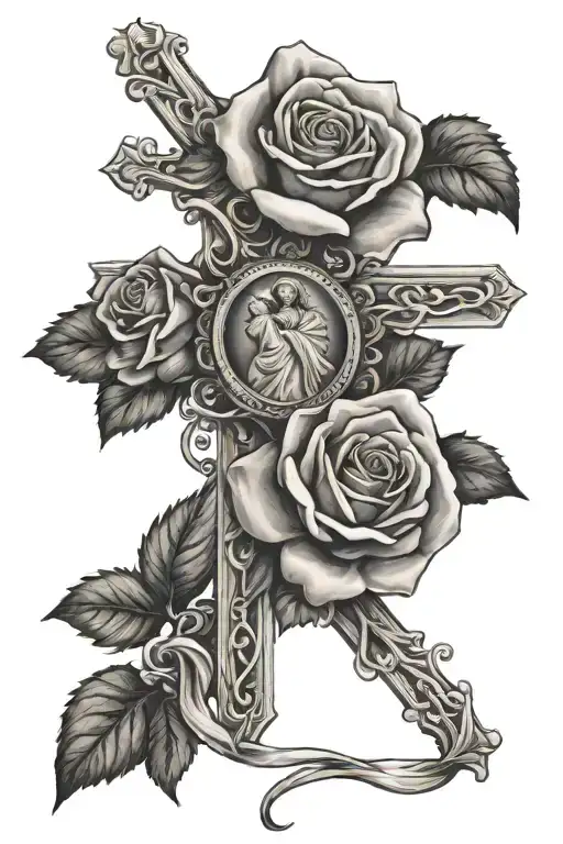 God cross, baby Jesus, bible verse, rose tattoo design idea