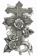God cross, baby Jesus, bible verse, rose tattoo design idea