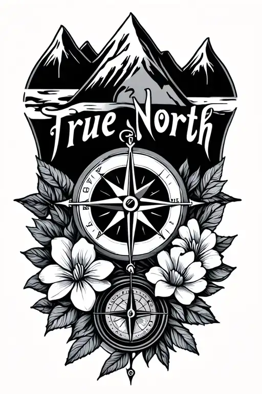 "True North " compass with cross true north mountain wave and flowers tattoo design idea