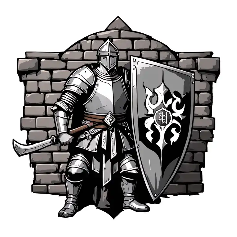 A medieval Bulgarian warrior in full armour leaning back on a brick wall holding a shield with the insignia of the Dulo  tattoo design idea