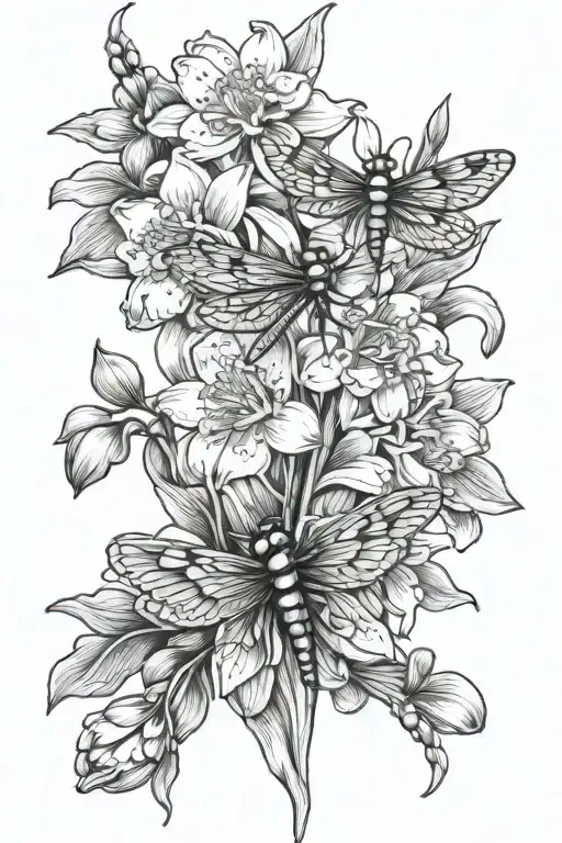 Lilly of the valley, narcissus flower, chrysanthemum flower with dragonfly tattoo design idea