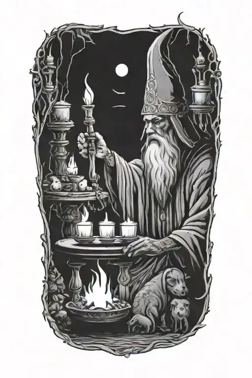 Hermit performing a ritual, candles, altar tattoo design idea