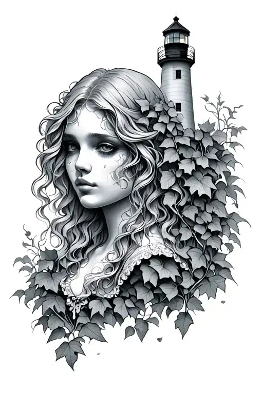 female sheet ghost bust with ivy and a lighthouse in the background tattoo design idea