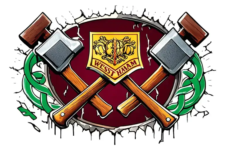 west ham crossed hammers and celtic badge appearing through ripped skin tattoo design idea