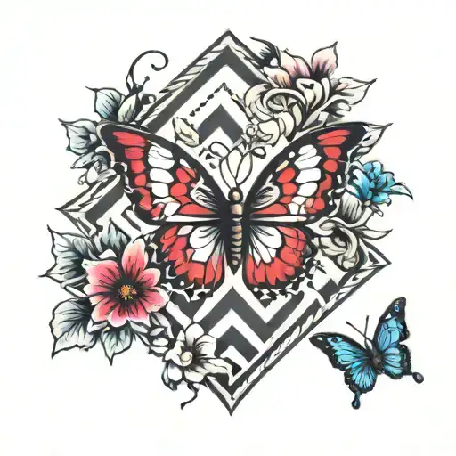 5 chevron symbol with half a heart and a butterfly  tattoo design idea