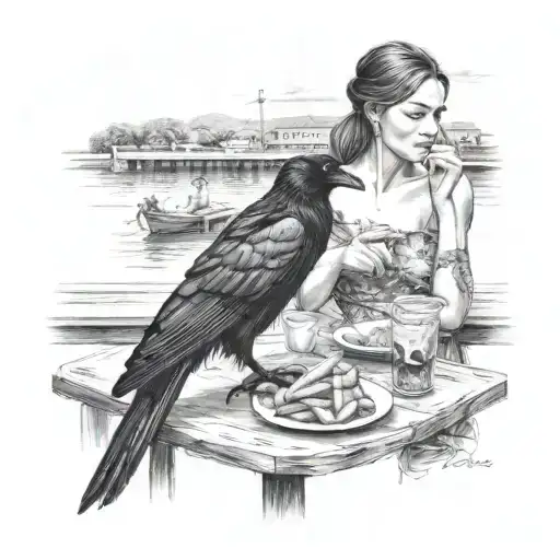 beautiful girl wearing sundress sitting in an outdoor cafe feeding a raven French fries at her table next to a riverwalk tattoo design idea