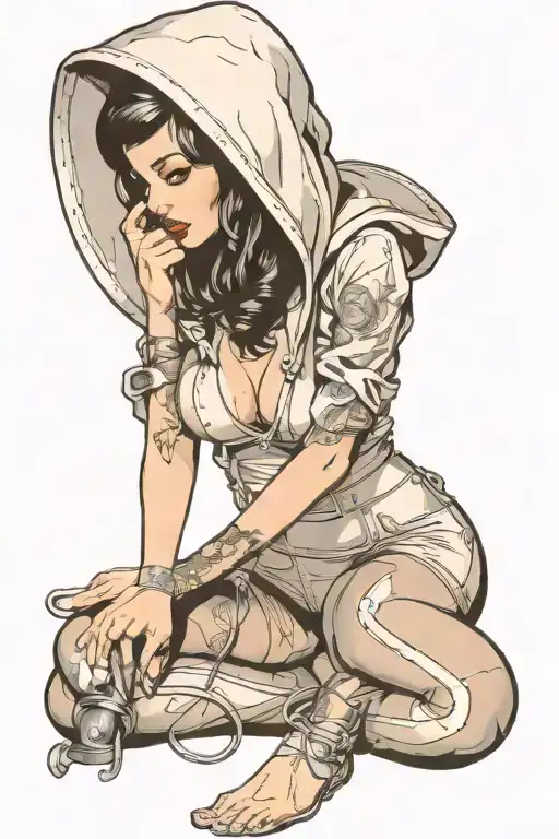 full body welder pin up girl with hood, sexy woman tattoo design idea