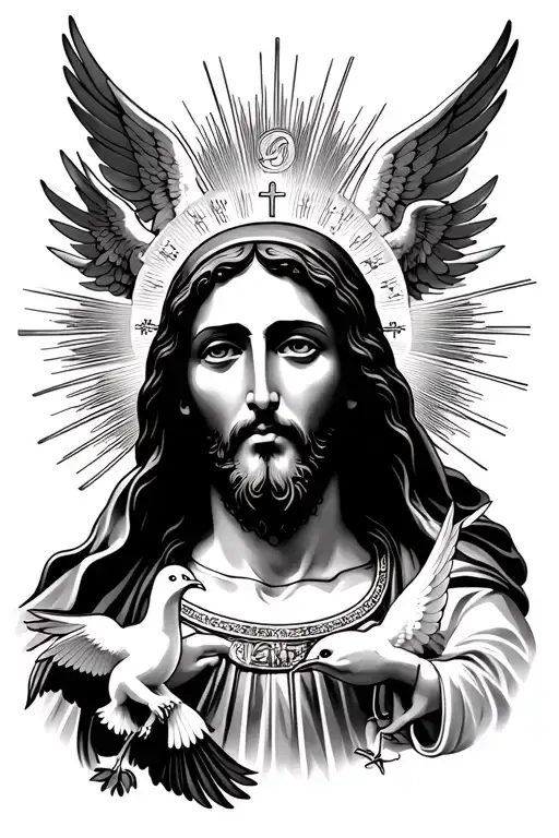 Jesus Christ face mother mary face sorrounded with huge gods rays and angels along with 2 doves  tattoo design idea
