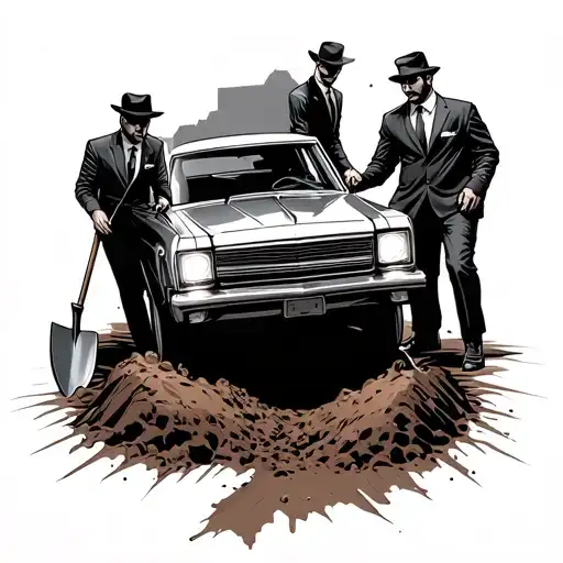 mafia digging a hole for men in suits with a shovel and a car with the headlight on behind them realistic. Make the car  tattoo design idea