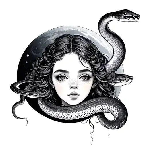 girl with a protruding snake against the backdrop of the planet Venus tattoo design idea