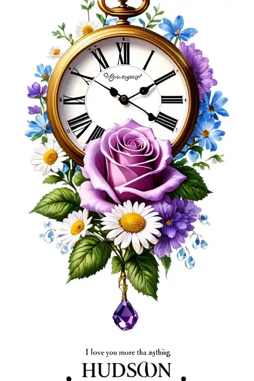 "HUDSON" "HUDSON", "I love you more than anything", clock, rose, violet, amethyst, daisy, moonstone tattoo design idea