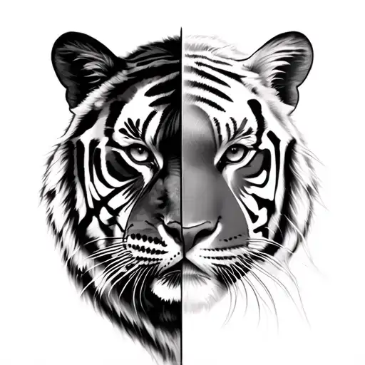 one half tigers face one half beautiful womans face tattoo design idea