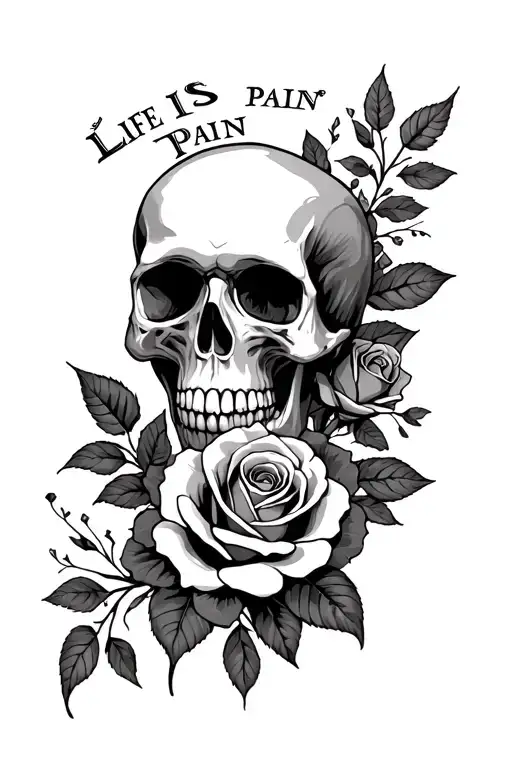 Creative tattoo with skull, roses and saying "Life is Pain" for the forearm tattoo design idea
