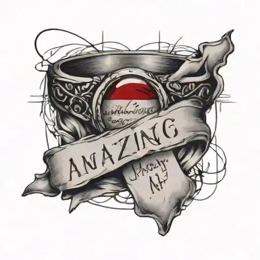 ripped out piece of paper with amazing grace lyrics and red Ruby ring  tattoo design idea