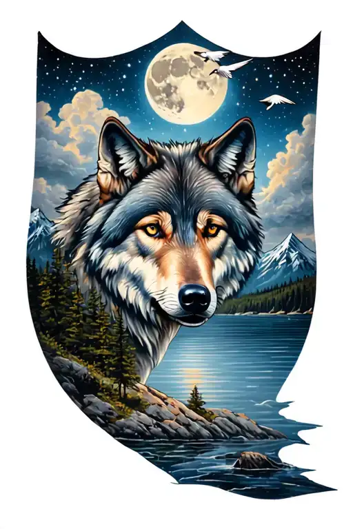 wolf, mountains, moon, clouds, stars, lake, birds tattoo design idea