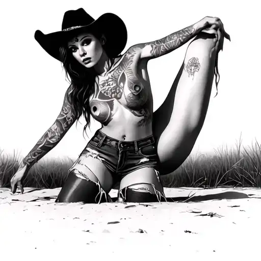 A haunting, surreal,  photograph: a cowgirl with exaggerated hips, clad in tattered denim shorts  tattoo design idea