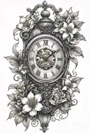 a mechanical clock in roman numerals going up to fourteen and stops at 5:14, i want the clock surrounded by daffodils  tattoo design idea