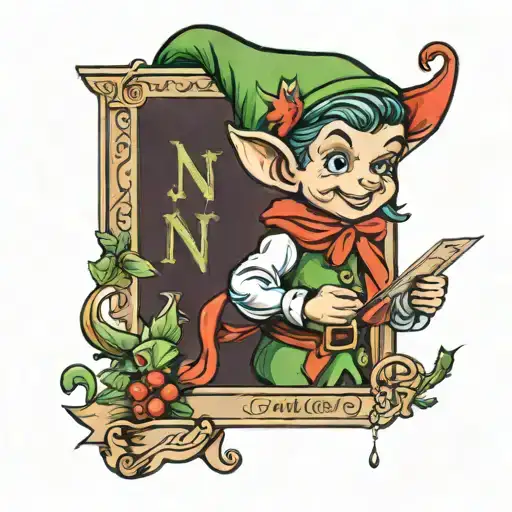 a little christmas elf holding a sign with the letter N on it  tattoo design idea