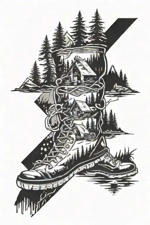 double helix DNA strand with interwoven scenes of camping life like a tent, a campfire, hiking boots in the mountains tattoo design idea
