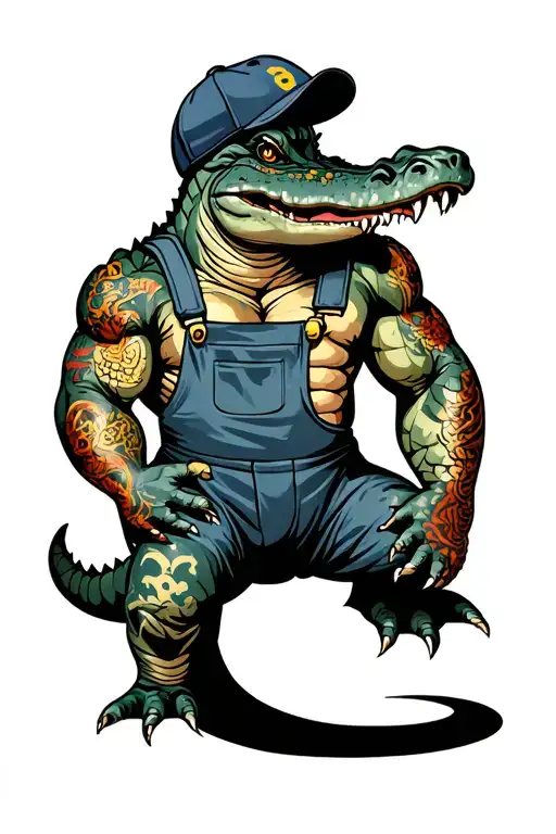 Muscular alligator wearing ball cap and coveralls. Alligator has shellback and golden dragon tattoos. tattoo design idea