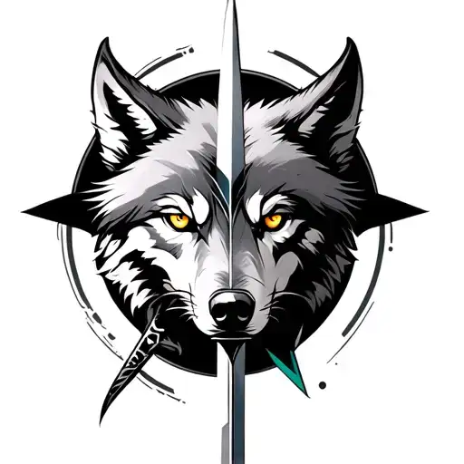 Wolf's Face, A Sword stuck, a circle outer side and some minomilastic geometrical patterns eyes coloured looks aggressiv tattoo design idea