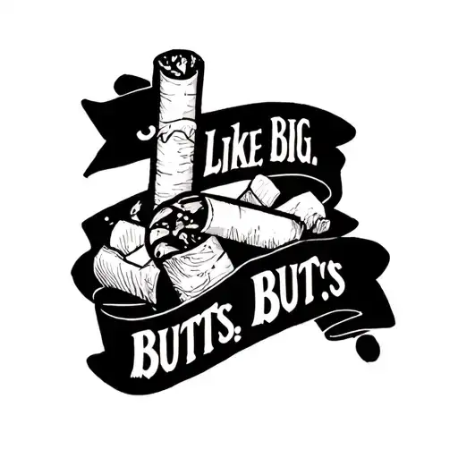 Traditional style tattoo sketch of banners that say “I” “Like” “Big” “Butts” with cigarette butts tattoo design idea