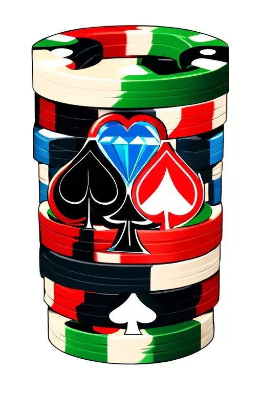 A poker chip with a black spade, blue diamond, green club, and red heart inside, separated by a vertical and horizontal  tattoo design idea