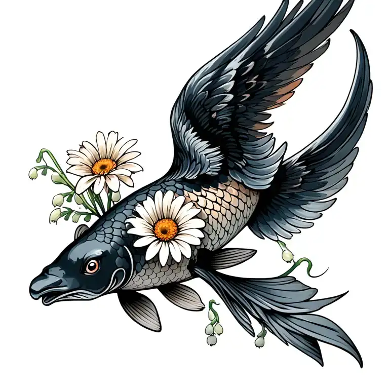 jumping black koi with phoenix wings, upright, bouquet with an aster, a daisy, a lily of the valley, wave tattoo design idea