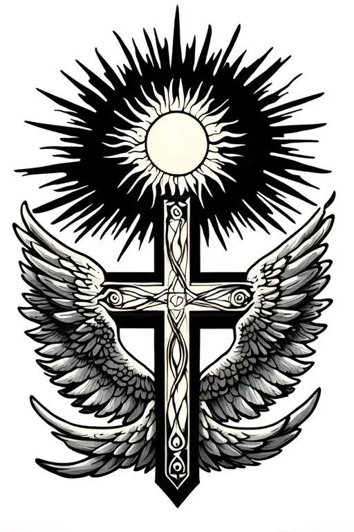 "Sun on top and angel " A tattoo featuring a sun at the top and in the background, with a pattern of wings that intertwine to form a Jesus cross tattoo design idea
