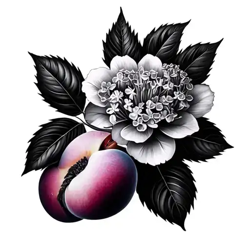 Lilac flower and peach fruit tattoo design idea