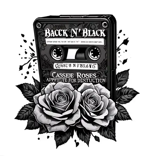 AC/DC back n black and guns n roses appetite for destruction cassette tape with roses intertwined tattoo design idea