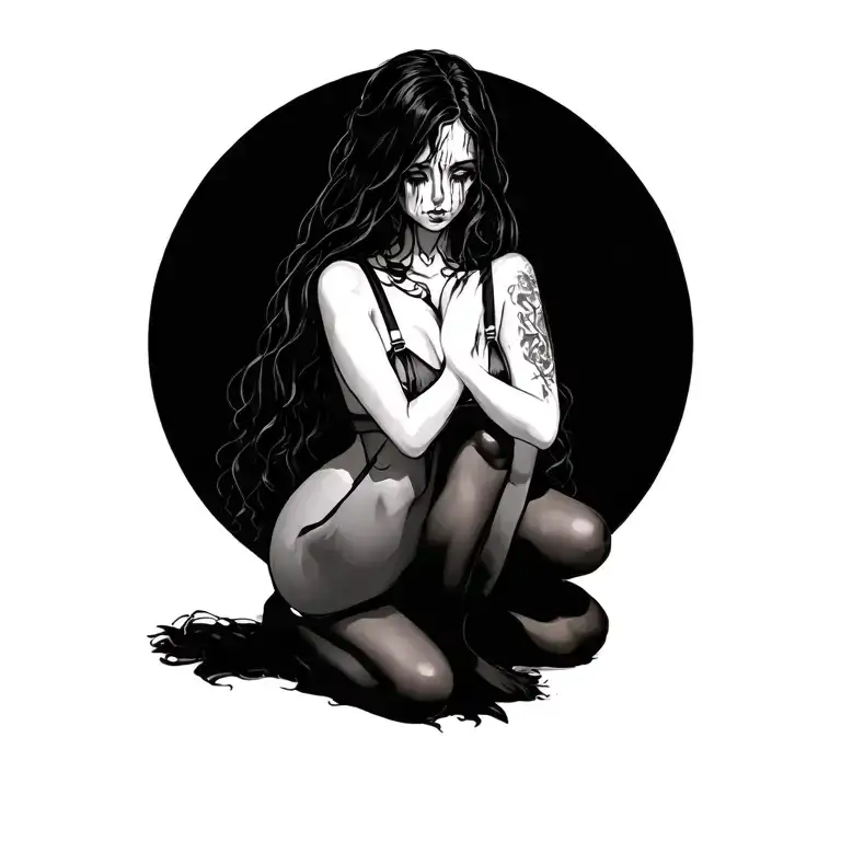 fairy, dark, sad, crying, sexy, sultry, stockings suspenders long hair, side pose, naked, kneeling face in hands tattoo design idea