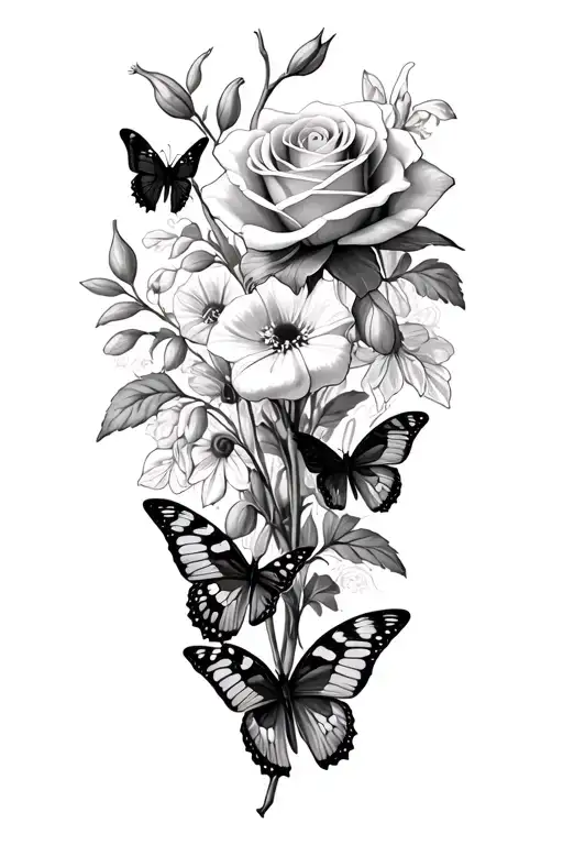 acarnation,snowdrops,Honeysuckles, a rose, sweet peas,andViolet with butterflies  tattoo design idea