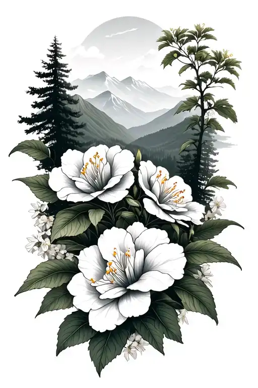 blue ridge mountains with rhododendron surrounded tattoo design idea
